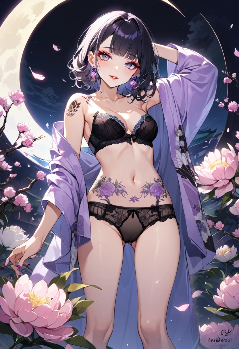 1girl, solo, tattoo, underwear, bra, black hair, panties, long hair, moon, black panties, black bra, navel, purple nails, looking at viewer, parted lips, bangs, open clothes, full moon, cowboy shot, arm tattoo, floral print, flower tattoo, nail polish, wavy hair, breasts, flower, signature, hand up, black background, kimono, cleavage, japanese clothes,
chest tattoo, long sleeves, standing, lace trim, black eyes, strapless bra, collarbone, armpits, strapless, lingerie, lace-trimmed bra, lace-trimmed panties, shoulder tattoo, stomach, sky, leg tattoo, medium breasts, lace, open kimono, cloud, purple kimono, lips, grey eyes, night, neck tattoo, fingernails, holding, print kimono, head tilt, see-through, eyelashes, blunt bangs, open shirt, arm at side, ass visible through thighs, full-body tattoo, peony (flower), small breasts, midriff, arm up, stomach tattoo, off shoulder, outdoors, wide sleeves, robe, shirt, blue eyes, jacket, lace bra, bare shoulders, underwear only, simple background, blush, white flower, night sky, purple eyes, jewelry, makeup, pink flower, shawl, branch, pink nails, back tattoo, mole, eyebrows hidden by hair, cherry blossoms, artist name, thighs, purple jacket, frilled panties, expressionless, jacket on shoulders, purple flower, bird, crescent moon, earrings, eastern dragon, dress, open jacket, lace panties, curly hair, barefoot, full body, straight hair, black nails, day, open robe, dark, floral background, print bra, petals, short hair, smile, frilled bra, straight-on, skirt, open mouth, eyeshadow, purple shirt, tube top,