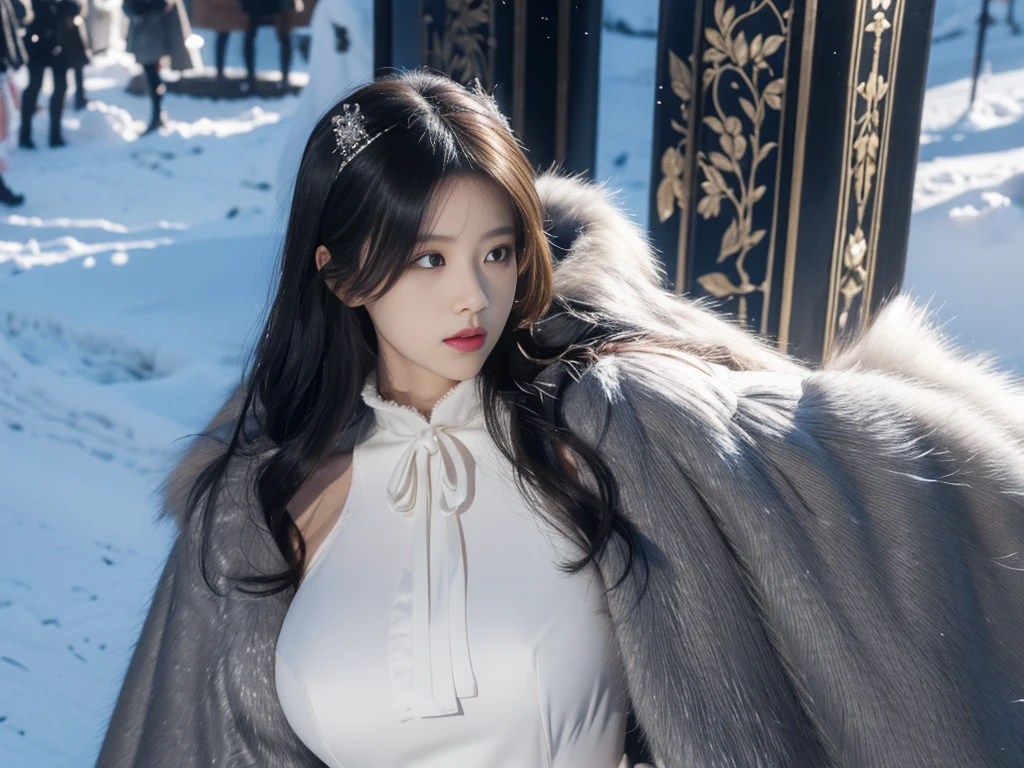 fluffyの毛皮。fluffy。Wedding dressを着た女性たちの写真。Wedding dress、Grey fur cape。Surrounded by fair-skinned adult women。Women wearing fur dresses and veils covering their faces are lined up。Beautiful women in luxurious furs。The dark dungeon of an old stone castle。Fisheye Lens、Fur coat。Multiple women。