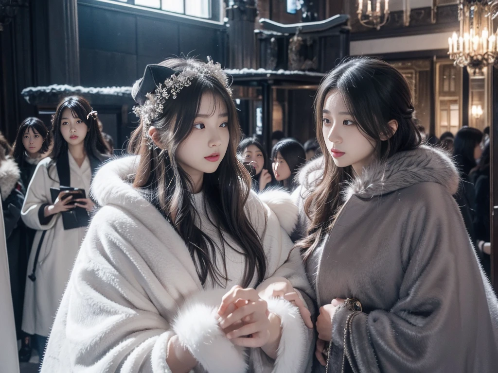 fluffyの毛皮。fluffy。Wedding dressを着た女性たちの写真。Wedding dress、Grey fur cape。Surrounded by fair-skinned adult women。Women wearing fur dresses and veils covering their faces are lined up。Beautiful women in luxurious furs。The dark dungeon of an old stone castle。Fisheye Lens、Fur coat。Multiple women。