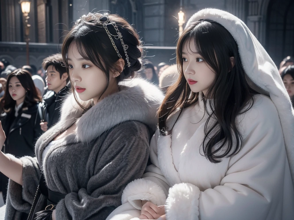 fluffyの毛皮。fluffy。Wedding dressを着た女性たちの写真。Wedding dress、Grey fur cape。Surrounded by fair-skinned adult women。Women wearing fur dresses and veils covering their faces are lined up。Beautiful women in luxurious furs。The dark dungeon of an old stone castle。Fisheye Lens、Fur coat。Multiple women。
