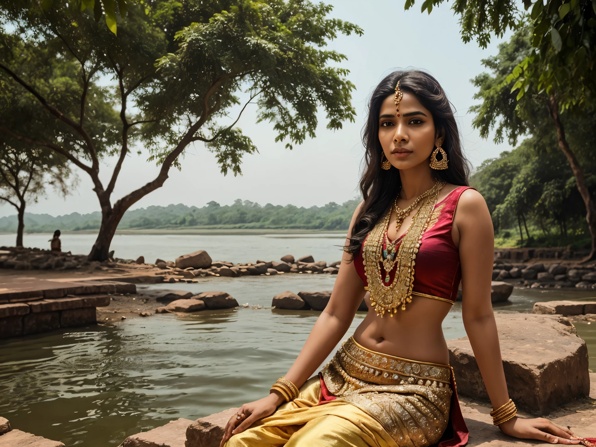 a detailed portrait of Lord Rama, ornate jewelry, traditional indian clothing, sitting by the Mahanadi river in Chhattisgarh, Seorinarayan vilasge, serene landscape, lush greenery, old stone temple in the background, dramatic lighting, intricate details, vivid colors, photorealistic, 8k, best quality
