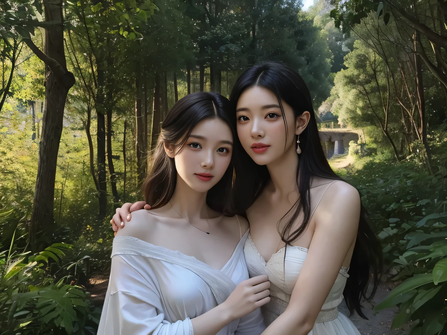 Giorgione painting style,Barbizon forest A beautiful woman in Greek dress smiles on the shore,Sweet and seductive appearance.、Caravaggio's paintings、Chiaroscuro of Caravaggio、hair tousled by the wind,Two women frolicking,cute smile, expression of ecstasy,Sexy,erotic, full body portrait