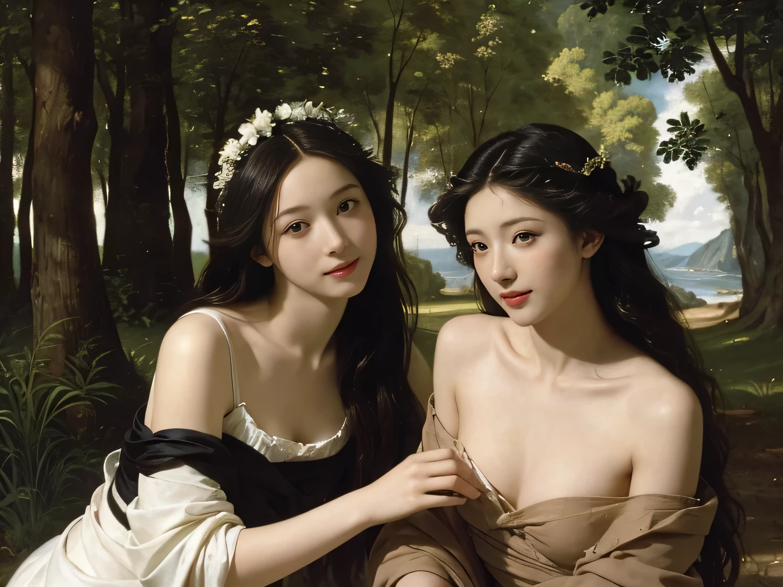 Giorgione painting style,Barbizon forest A beautiful woman in Greek dress smiles on the shore,Sweet and seductive appearance.、Caravaggio's paintings、Chiaroscuro of Caravaggio、hair tousled by the wind,Two women frolicking,cute smile, expression of ecstasy,Sexy,erotic, full body portrait