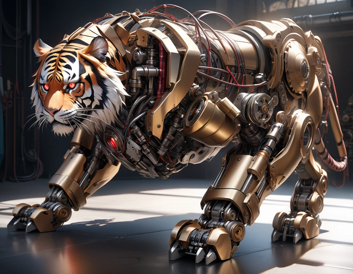 Ultra-realism, ((Masterpiece)), ((Best Quality)), (Very Detailed), ((Very Detailed)), 4K, (8K), very aesthetic, absurdres highres, Ultra-high detailed mechanical tiger robot with realistic metallic textures, chrome, stainless steel, and brass surfaces, exposed precise gears and pistons, intricate and detailed wiring and tubing, robust mechanical armor plates, glowing red eyes, realistic shadows and reflections, detailed surface scratches and wear, body kept low, front legs extended, hind legs on the ground, eyes sharply open, simple studio background.