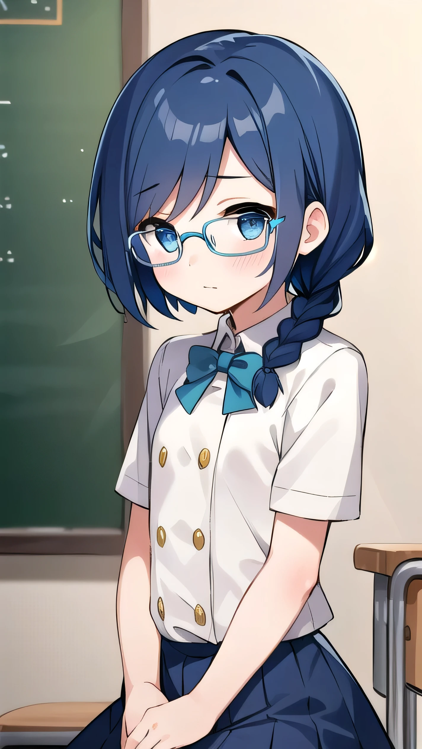 small breasted girl, short, elementary school student, blue hair, single braid, blue eyes, round eyes, shy, shy, classroom, short, young face, short height, , glasses with no edges,flat chest,