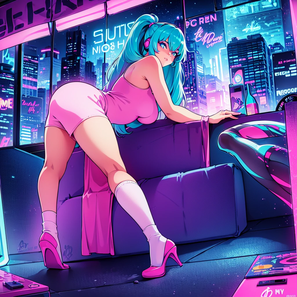 (masterpiece), Highest quality, Expressive eyes, Neon pastel aesthetics, Retro 90s, Neon color,((Girl sitting on sofa,In a cozy room,Records hanging on her wall, Comic books on the floor, Looking out the window behind her at the night city, Upholstered room, Anime figures lined up on a shelf)), Wearing headphones, (All around her it sparkles), (Wearing high socks and heels), (blue eyes), (Soft look), (Synthwave Art Style), Colorful Hair, Desk with PC set up