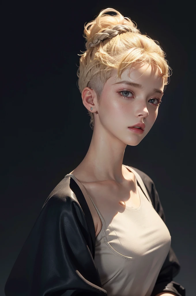 a 20 yo woman, blonde, (hi-top fade:1.3), dark theme, soothing tones, muted colors, high contrast, (natural skin texture, hyperrealism, soft light, sharp)