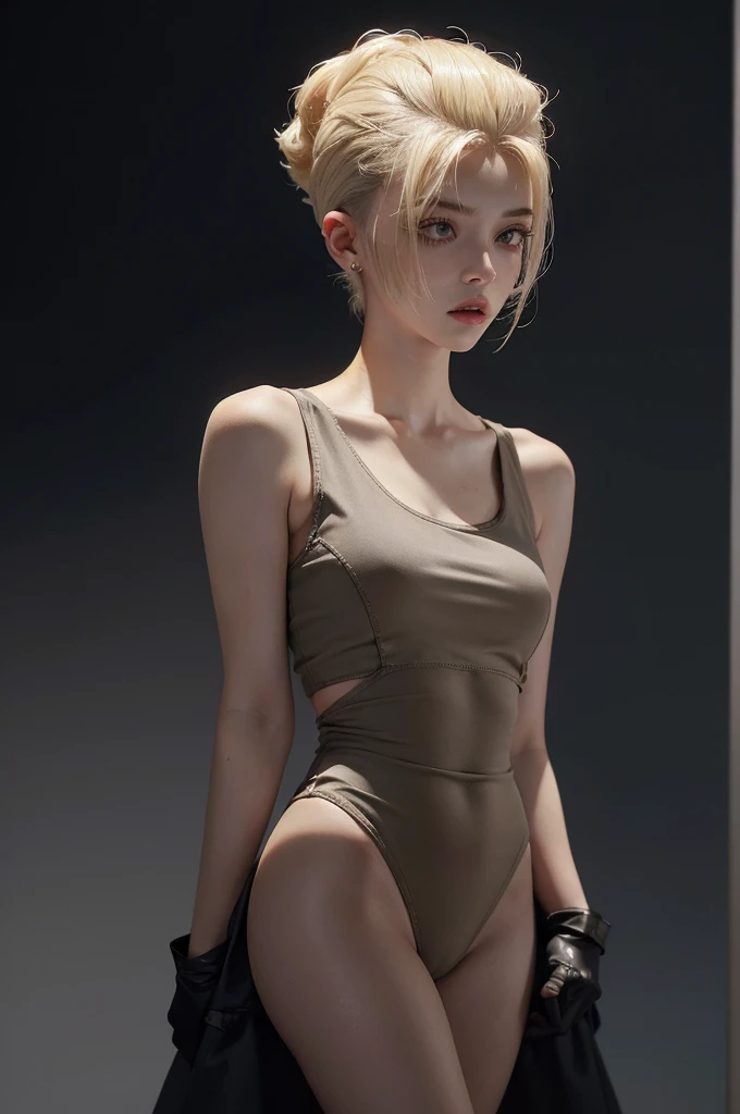 a 20 yo woman, blonde, (hi-top fade:1.3), dark theme, soothing tones, muted colors, high contrast, (natural skin texture, hyperrealism, soft light, sharp)