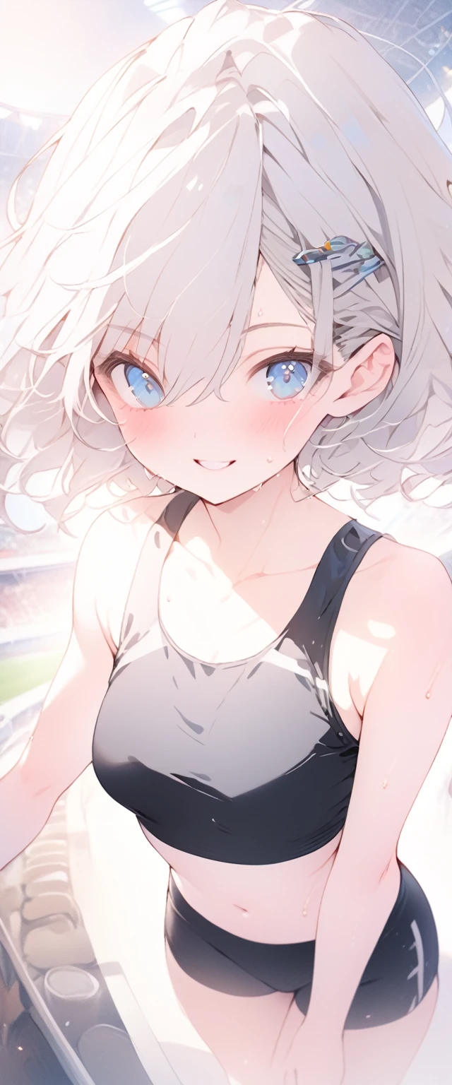 beautiful, masterpiece, Highest quality, anime, One girl, C Cup,Portrait Shot, View your viewers, Covered、Short Hair、nearby、Blue Eyes、art、、White hair,Blue streaked hair、hairpin、Cute smile、Thighs、Cute、Sweat、Athletics、navel、separate、run、Arena