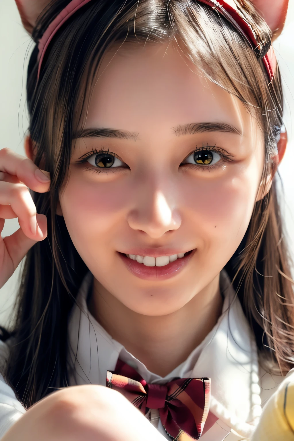 (realistic, photo-realistic:1.4), (best quality,masterpiece:1.2), RAW photo,high resolution,intricate details, extremely detailed, insanely detailed, soft light, cinematic lighting, (knee shot, frontal photography:1.5), solo,1girl, a 19 years old Japanese female idol, (collared shirt, plaid skirt, bowtie, school uniform:1.4), (cat ears hairband, paw pose:1.5), (smaller breasts, tiny breasts, flat chest, poor size bust:1.2), (smaller face:1.2), detailed face, beautiful detailed eyes, symmetrical eyes, pale skin, fine-textured skin,dark hair,(straight hair, forehead:1.3), (cheerful grin, smile, parted lips), photo background,indoors,depth of field,,[Nagi Inoue, Nogizaka46 5th generation],