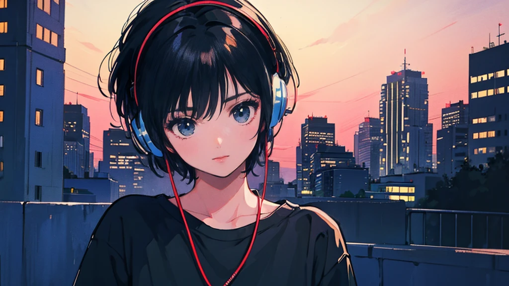Black short Hair, Black Clothing, One Adult Woman Looking Sideways ,Blue headphones、 City of night, Delicate background、Masterpiece、Night Town、night、dark、Nostalgic、