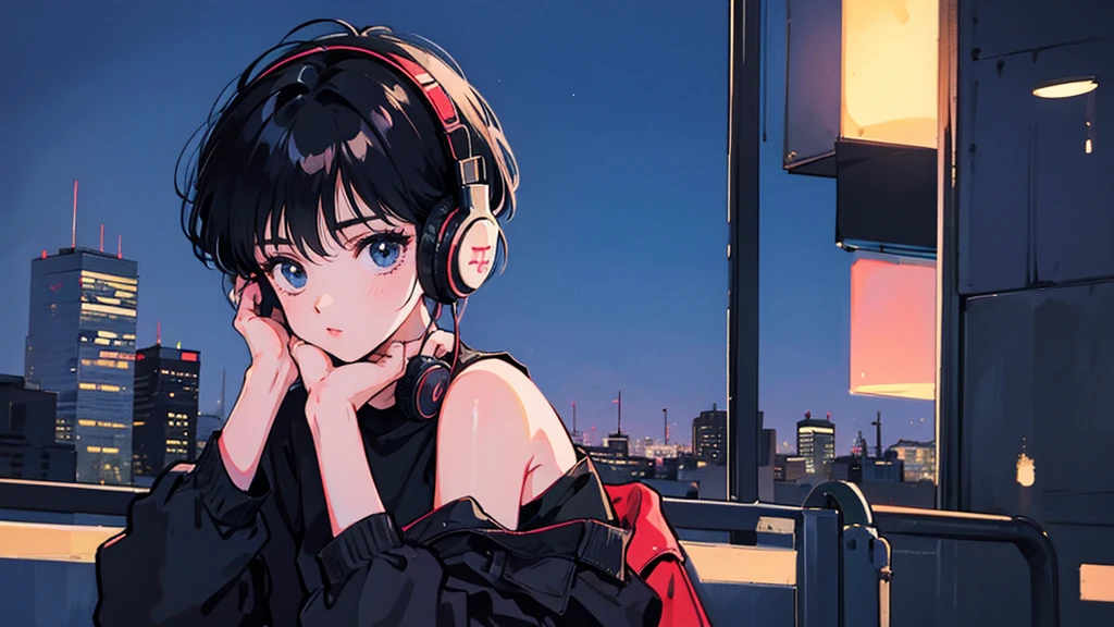 Black short Hair, Black Clothing, One Adult Woman Looking Sideways ,Blue headphones、 City of night, Delicate background、Masterpiece、Night Town、night、dark、Nostalgic、