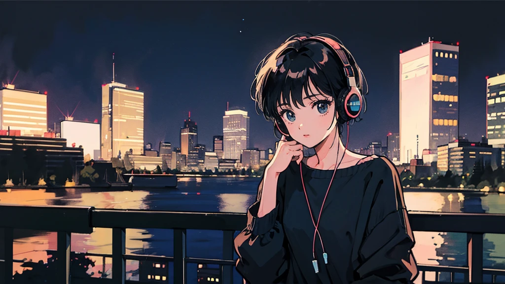 Black short Hair, Black Clothing, One Adult Woman Looking Sideways ,Blue headphones、 City of night, Delicate background、Masterpiece、Night Town、night、dark、Nostalgic、