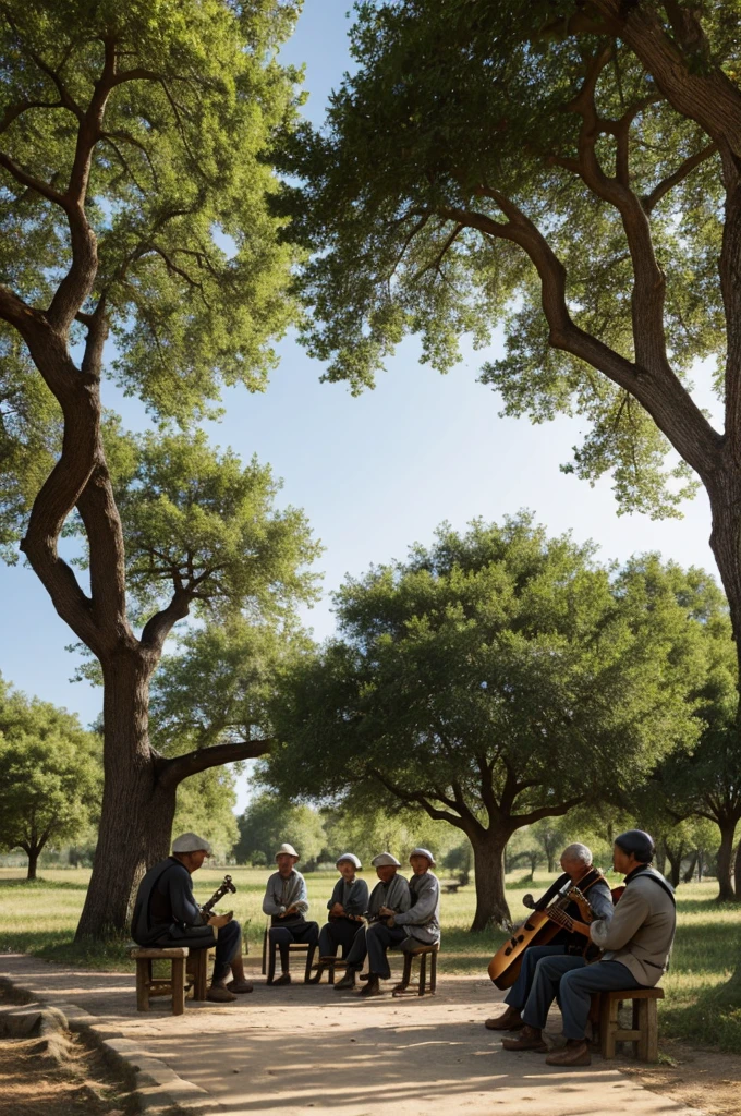 A man sitting under an old oak tree in the center of a village playing an old lute and some villagers looking on curiously