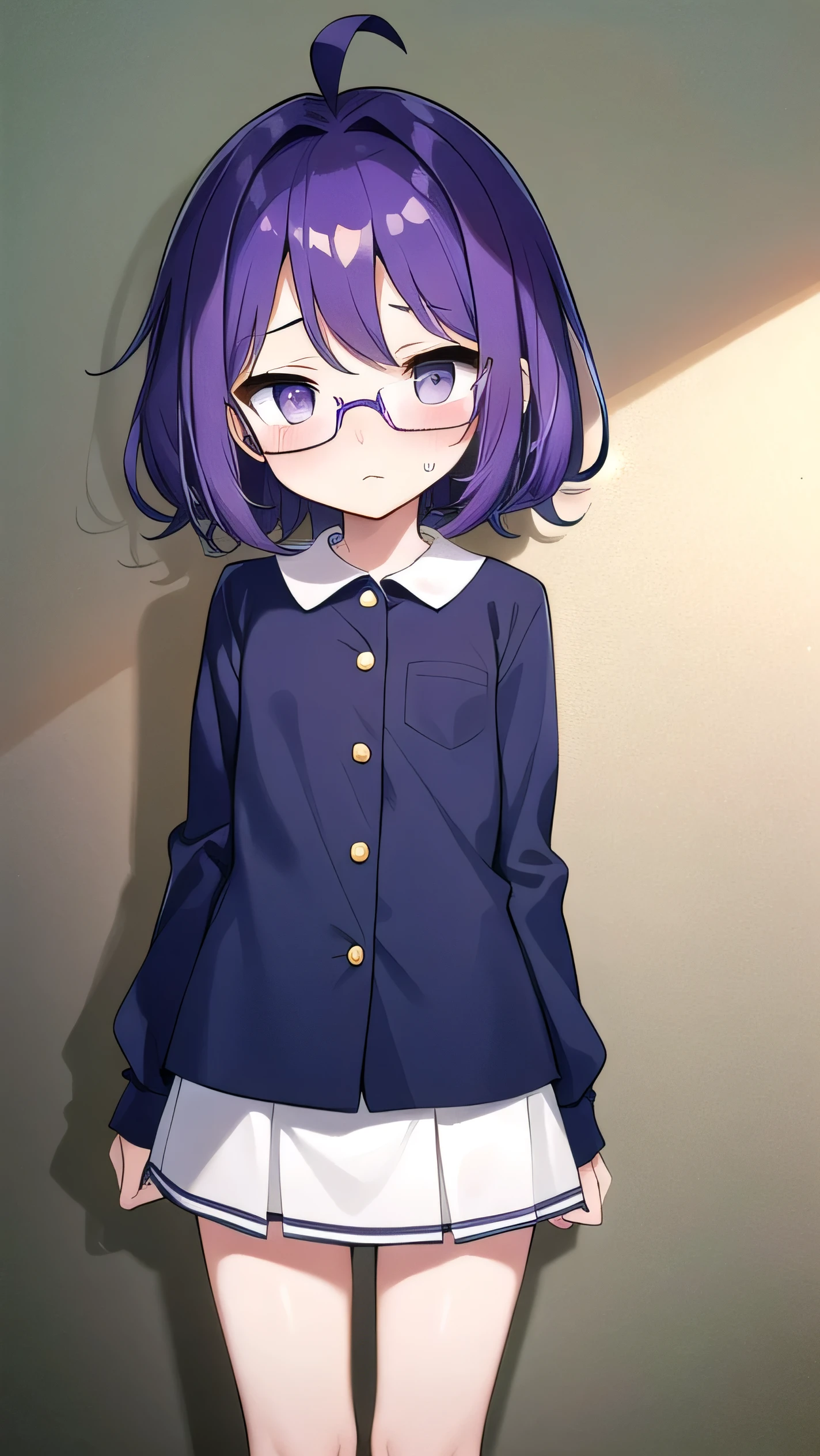 (Purple hair:1.4), gray eyes, white , navy blue miniskirt, , short, short long hair, kind expression, shy, , almost no breasts, slightly exposed. hair,(flipped hair ), flipped hair, long sleeves, ahoge, girl alone, flipped hair, flipped hair, flipped hair, flipped hair, glasses with no edges, embarrassed, flat chest