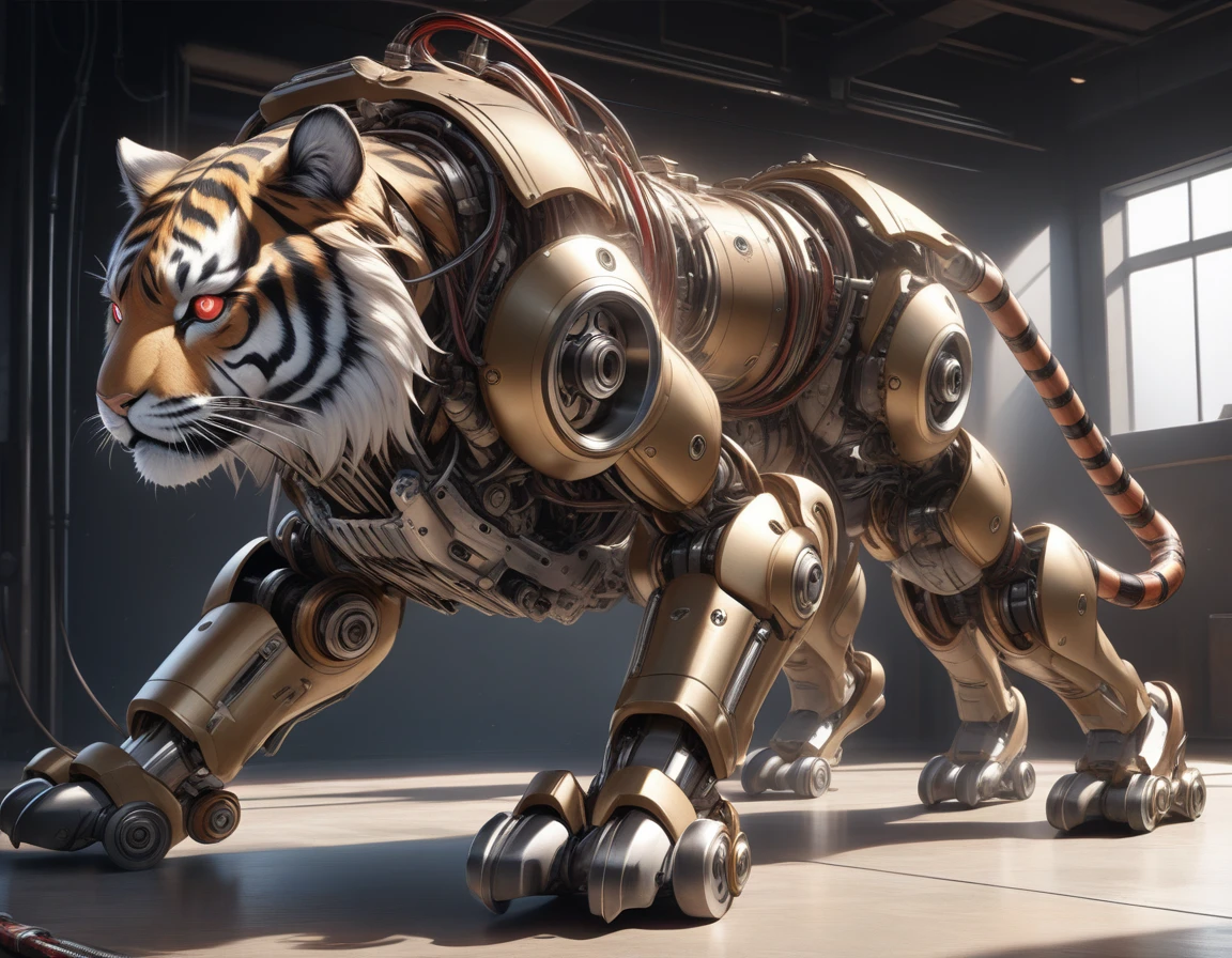 Ultra-realism, ((Masterpiece)), ((Best Quality)), (Very Detailed), ((Very Detailed)), 4K, (8K), very aesthetic, absurdres highres, Ultra-high detailed mechanical tiger robot with realistic metallic textures, chrome, stainless steel, and brass surfaces, exposed precise gears and pistons, intricate and detailed wiring and tubing, robust mechanical armor plates, glowing red eyes, realistic shadows and reflections, detailed surface scratches and wear, body kept low, front legs extended, hind legs on the ground, eyes sharply open, simple studio background.