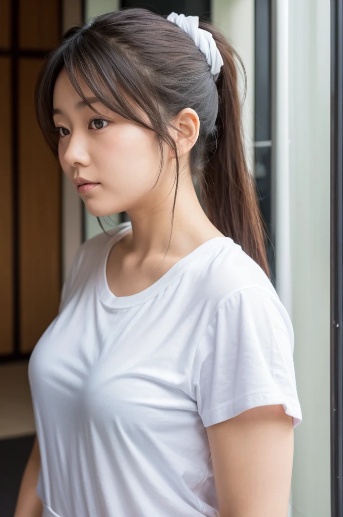 japanese modest female,unkempt and damaged hair,white t-shirt,curvy,ponytail,