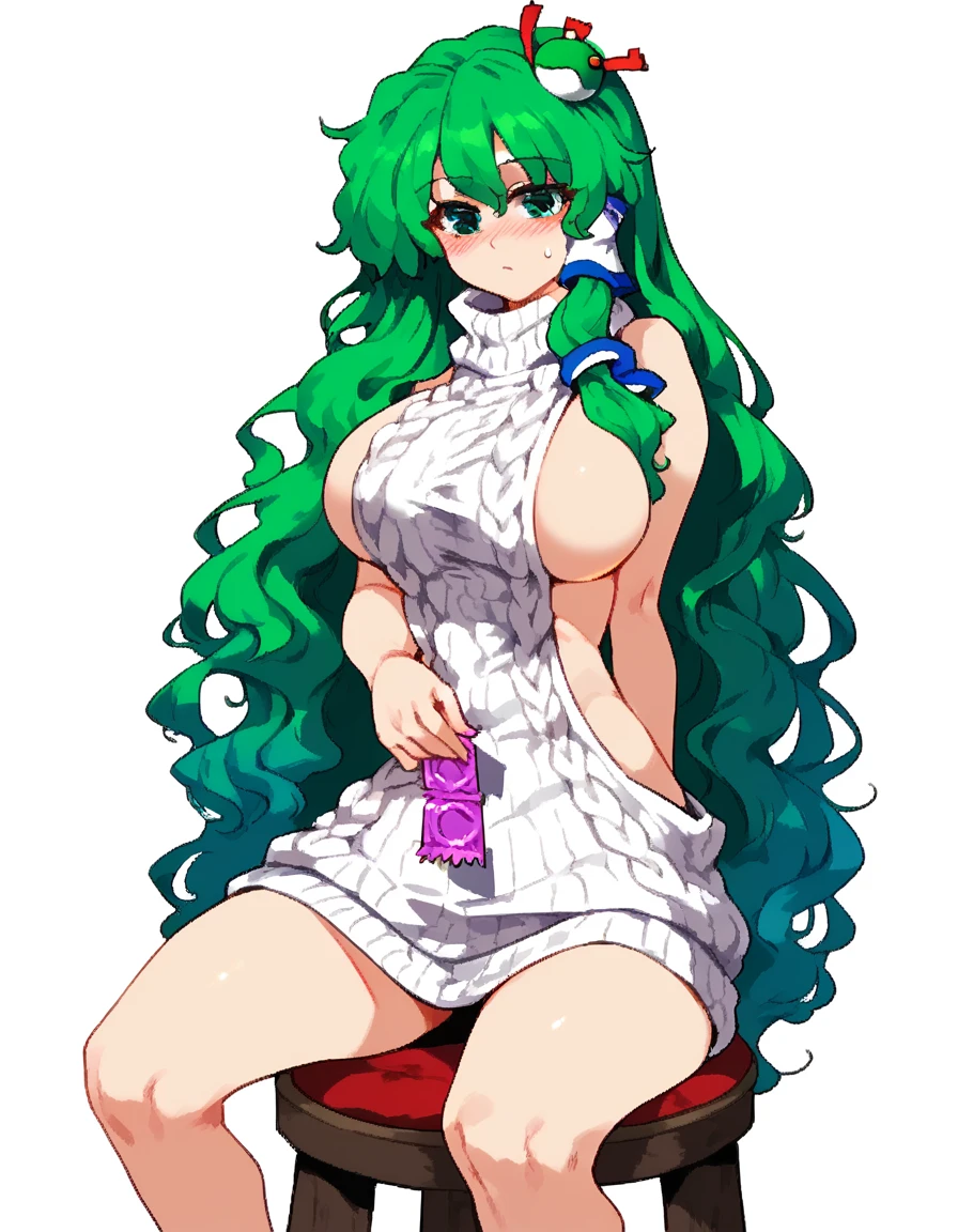Expressive, score_9, score_8_up, score_9_up, Touhou, masterpiece, high quality, highly detailed, 1girl, kochiya sanae, solo, green hair, long hair, green eyes, long hair, big breasts, blush, round breasts,,,,,, frog hair ornament, hair tubes, snake hair ornament,,,, thin waist, sit on stool, white background,, virgin killer sweater, holds condom