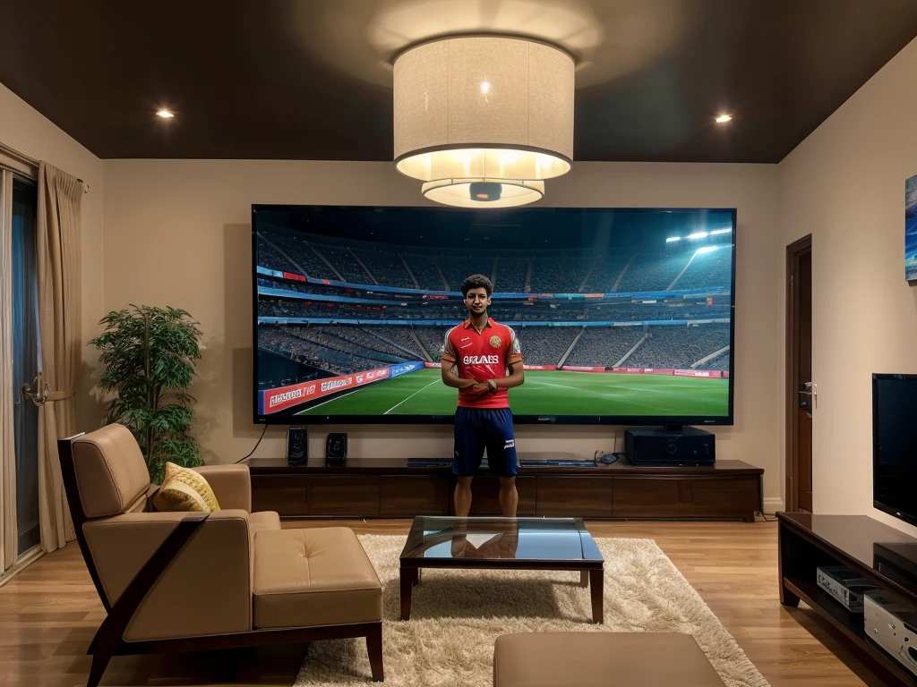 RCB Team Prompt👇👇
In a spacious, tastefully decorated living room, a lifelike scene unfolds. A young man, approximately 21 years old, engrossed in an IPL match, sits before a grand LED TV. He proudly sports a vibrant RCB Team jersey on which name "ADITYA" and the number "18 RCB" emblazoned boldly. The natural lighting cascades through the room, illuminating every detail, while the LED TV screen displays the match in all its glory, captivating the viewer's attention.