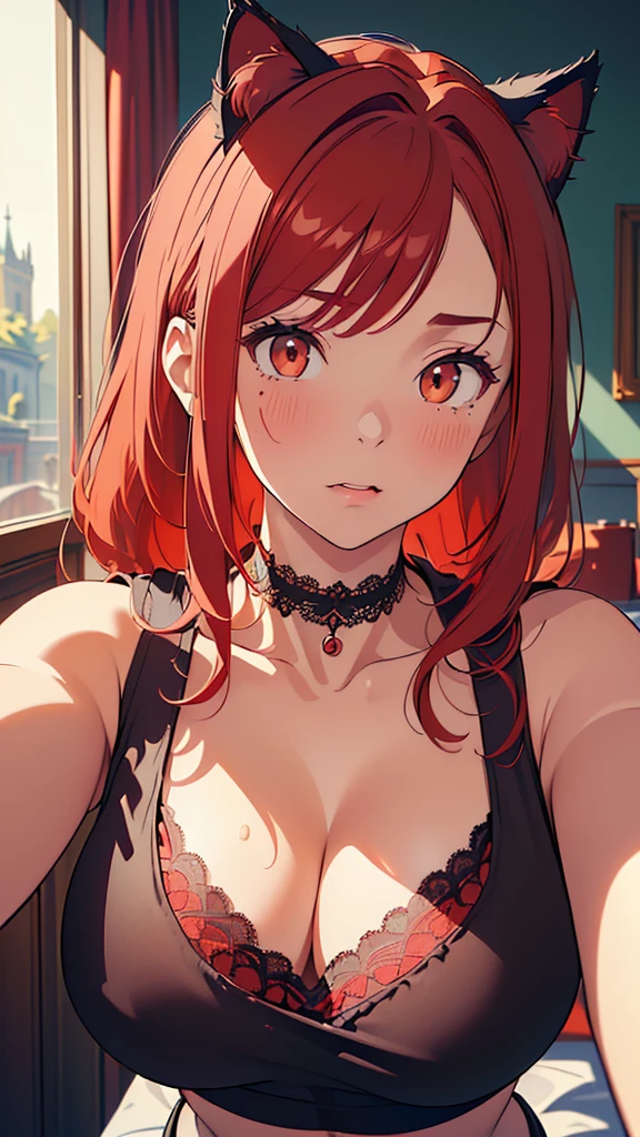 (absurdres:1.2),(masterpiece:1.6),(ultra-detailed:1.4),(High quality:1.4),(best quality:1.4),(beautiful busty breasts:1.3),(beautiful face:1.3),(beautiful woman:1.3),(selfie:1.2),(bright red hair:1.4),medium hair,a mole around the mouth, (sweat:1.1),(aroused:1.2),(embarrassed:1.2),(blush:1)(black tank top:1.3),(close-up:1.2),(lace choker:1.1),(cat ear bandage:1.2),on bed