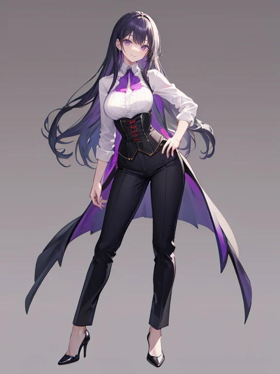 Purple hair,long hair,Adult female,((body harness)),A white see-through blouse,((Roll up your sleeves)),(Corset),(slacks),(high heels),The heel is visible,((Simple background)),Smile,((Full body)),((whole body)),Character Sheet,