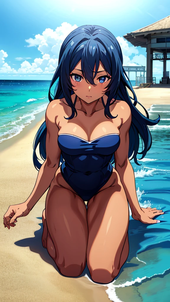 av idol, 32-years-old dark tan skin with long blue hair and eyes Wearing a Strapless Swimsuits, beach pier background, kneeling