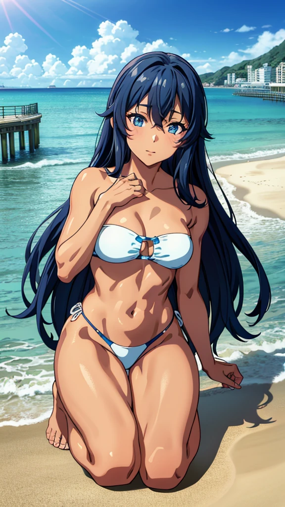 av idol, 32-years-old dark tan skin with long blue hair and eyes Wearing a Strapless Swimsuits, beach pier background, kneeling