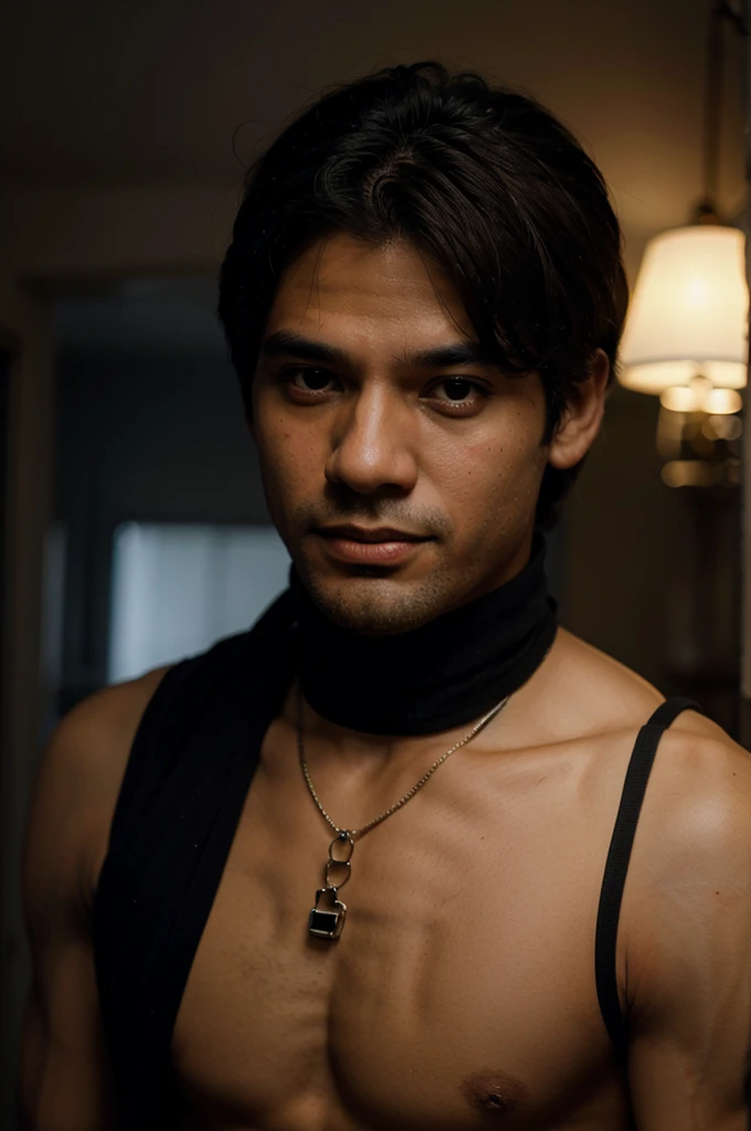 um garoto musculoso, detailed facial features, olhos lindos, queixo perfeito, sem camisa, athletic body, tanquinho, pele bronzeada, Messy hair, sullen expression, dramatic lighting, cinematographic compositions