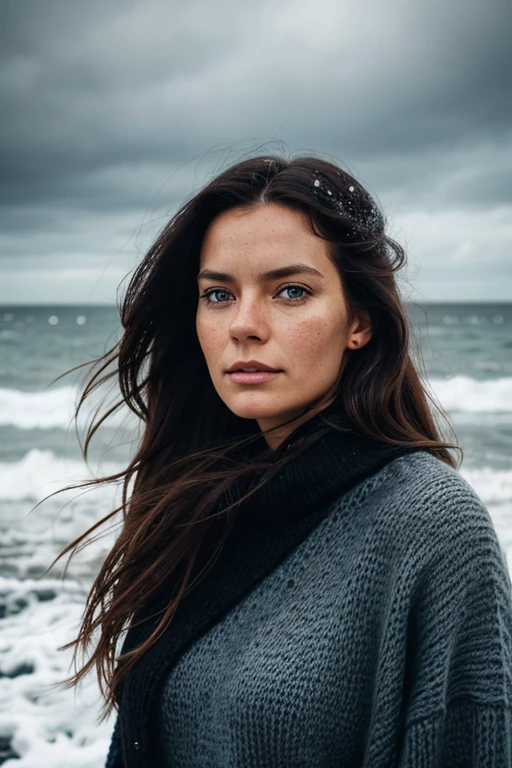 Scandinavian woman, strong wind, beach, long hair, cool expression, 38 years old, looking left, filming, cloudy sky, black knitted clothing, black hair, slight freckles, snow, flying hair, messy hair, high details, surrealism, depth of field, cold wind