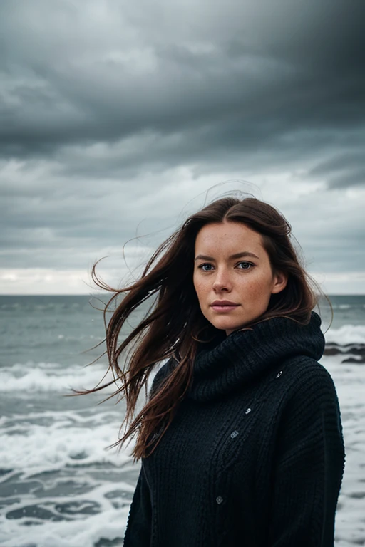 Scandinavian woman, strong wind, beach, long hair, cool expression, 38 years old, looking left, filming, cloudy sky, black knitted clothing, black hair, slight freckles, snow, flying hair, messy hair, high details, surrealism, depth of field, cold wind