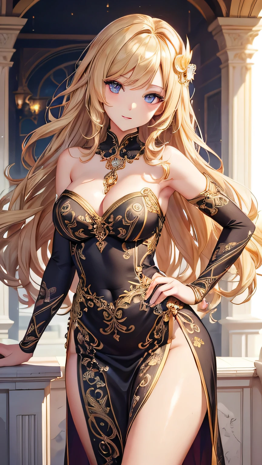 beautiful face, best quality, shiny skin, detailed skin, detailed face, detailed eyes, beautiful lady, (twist your waist), create an S-shaped body line, ((masterpiece)), ((best quality)), high quality, blonde hair, curly hair, long hair, hair over shoulder, crescent hair ornament, Narrow waist, intricately crafted dress, Guest House