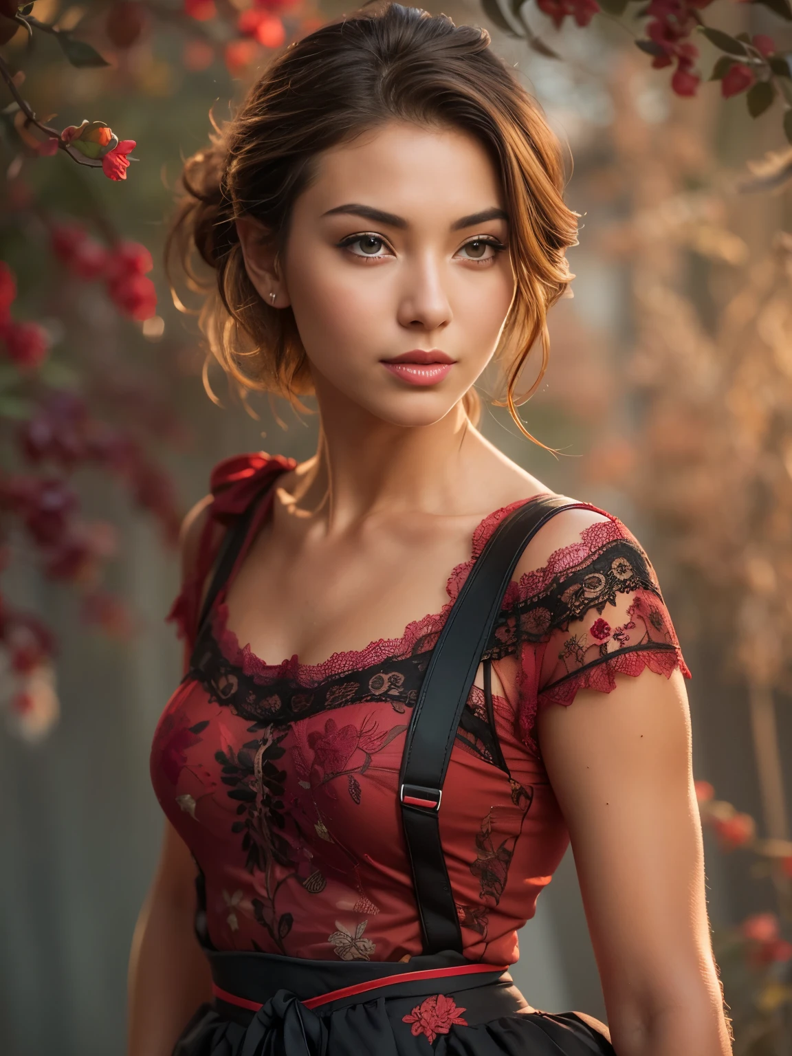 (masterpiece:1.3), ultra detailed, ultra high res, (realistic, photo realistic:1.37), high detail RAW color photo, professional photograph,
(1 European woman.age 23.hot model), with a perfect body, super fine face and eyes, (light makeup, [[[pink lipstick]]], eyeliner),		((medium full shot)), (perfect proportions),
(anatomically correct), 
((view the viewer)), 
(Big smile), 
((brown medium hair slicked to the side, extremely detailed)),

(((red, black lace, embroidered skirt))),
smal full breasts, 
((Sporty style)),((Light, Brightly colored clothing)),Brightly colored T-shirt，
(((lace stockings with garters, string trim, embroidered lace))), 	(narrow waist:1.2), 
 medium ass,
((Whitens skin, slim face)), beautiful cheekbones, slim belly: 1.2,
(very slim slim well-muscled body:1.3),
((Ultra-detailed face)), The attention to detail, Double eyelids, ((Lively,Active,vivaciousness)), (Erotic:1.1), Outside mountain scenery. Early morning light.