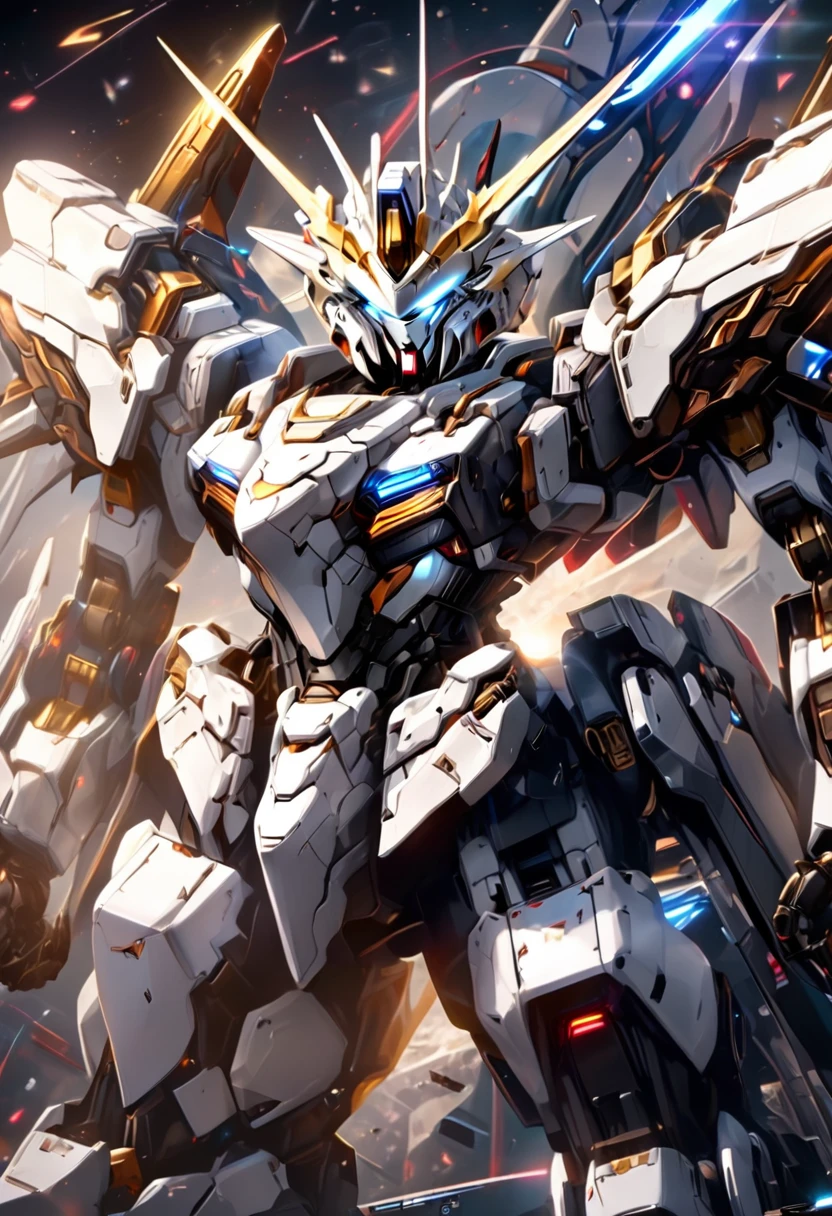 A highly detailed 8-head mech battle, two gundams armed with beam sabers in an intense clash, one white mech and one black mech of equal size locked in combat, ultra-realistic, cinematic lighting, dramatic angles, intricate mechanical details, glowing energy effects, photorealistic, 4K, HDR, masterpiece