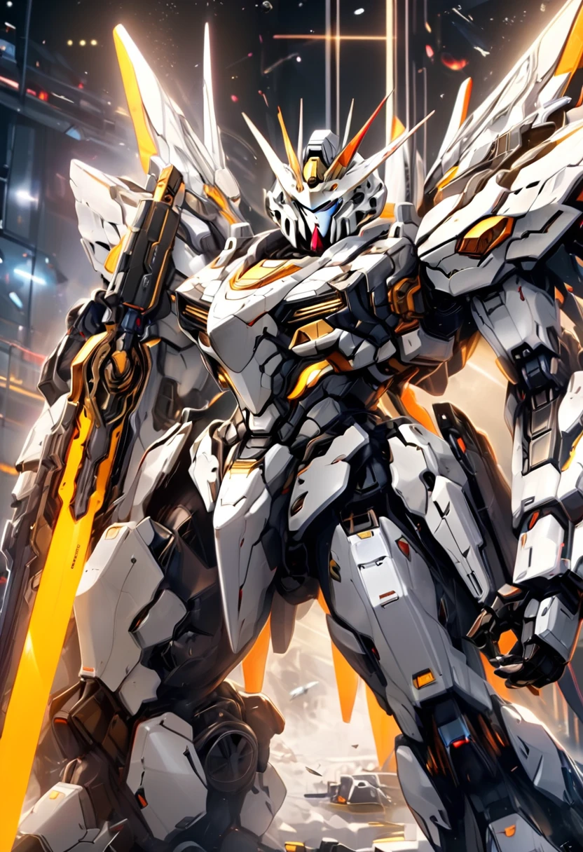 A highly detailed 8-head mech battle, two gundams armed with beam sabers in an intense clash, one white mech and one black mech of equal size locked in combat, ultra-realistic, cinematic lighting, dramatic angles, intricate mechanical details, glowing energy effects, photorealistic, 4K, HDR, masterpiece