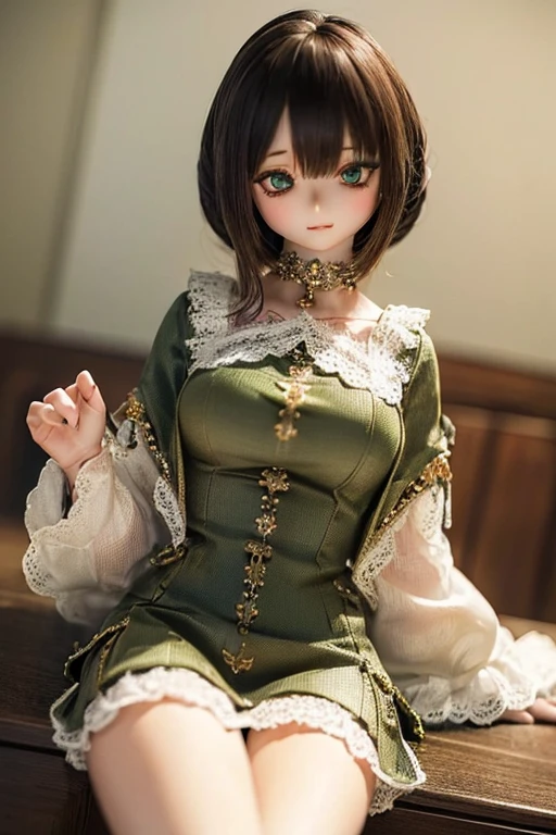 photorealistic, realistic photo, ((highest quality)), ((masterpiece)), (extremely detailed), kukolnydom, doll, (mature woman:1.6), solo, ((cowboy shot)), sitting on desk, green eyes, (looking down, blank eyes, empty eyes, detailed eyes:1.3), light smile, dress, castle, 8k