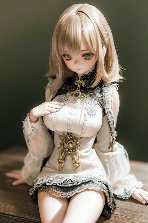 photorealistic, realistic photo, ((highest quality)), ((masterpiece)), (extremely detailed), kukolnydom, doll, (mature woman:1.6), solo, ((cowboy shot)), sitting on desk, green eyes, (looking down, blank eyes, empty eyes, detailed eyes:1.3), light smile, dress, castle, 8k