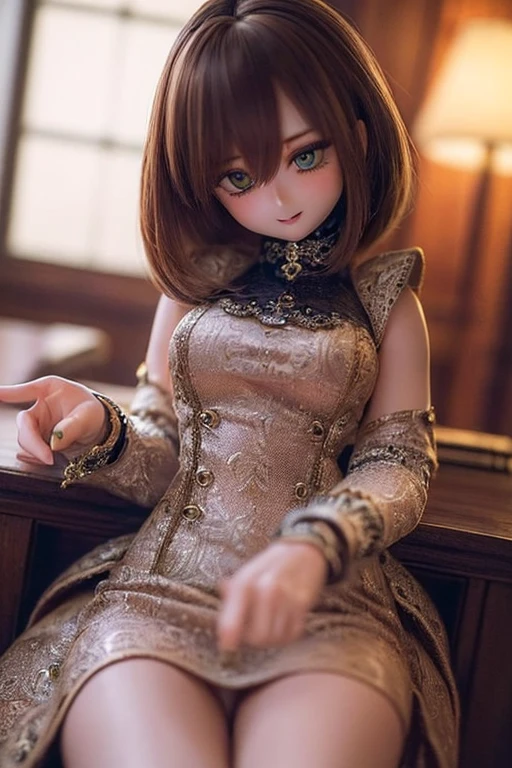 photorealistic, realistic photo, ((highest quality)), ((masterpiece)), (extremely detailed), kukolnydom, doll, (mature woman:1.6), solo, ((cowboy shot)), sitting on desk, green eyes, (looking down, blank eyes, empty eyes, detailed eyes:1.3), light smile, dress, castle, 8k