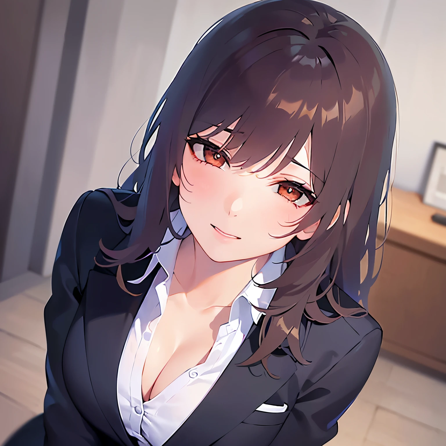 Shooting from above、Realistic, real person, (pale skin: 1.2), upper body, RAW photo, photorealistic, shiny skin, shiny hair、(A 35-year-old woman with medium-length hair and bangs) and (wavy hair) and (brown hair) and (Orange Eyes) ,(Wearing a business suit:1.5) and (Wearing a white collared shirt) 、(Cleavage:1.5)、(blush:1.5), smile, The background is the living room at night、illumination、Alone、Wearing a black jacket,half closed eyes