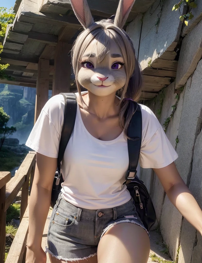 Highest quality,
masterpiece,
Ultra-realistic,
Super detailed,
Beautiful details,
4K,8K,upper,
pixar,
Photo realistic,
Medium Shot, ((High angle view)),
Background is ((Magnificent mountain)),
Realistic lighting,
hiking woman, ((adult woman)),
((Anthropomorphic rabbit)),
Detailed animals,
Complex patterns,
(Furry:1.35),
(All skin is grey:1.3),
(The body is fluffy and bushy:1.1),
Realistic fur,
Human hand,
(Judy Hopps face:1.35),
((ponytail hair)),
((side part bangs)), bangs,
((dark gray hair color)),
Purple eyes,
{Eye highlights, Clear eyes, Eyes sparkling, Large, round pupils},
Detailed Iris,
(Eyebrows raised:1.2),
(Crescent eyebrows:1.3),
(Bunny ears:1.3),
Smiling happily,
raised corners of mouth,
The woman is wearing T-shirt over the check shirt and shorts,
((White T-shirt)) BREAK ((gingham check shirt)) BREAK ((wine red Trekking Shorts)),
carry a backpack, rucksack,
(alone:1.5),
(1 Female:1.5),
Only 1 character,
Perfect Anatomy,
Lighting forward,
Lighting front,
sunlight,
Intricate details,
Ray Tracing,
Realistic,