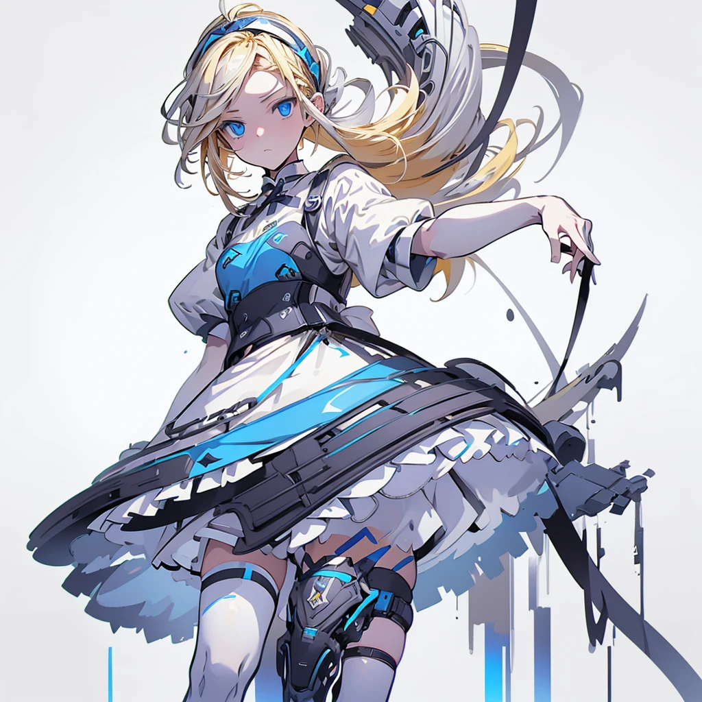 【Highest Quality, masutepiece】  [1 girl in, expressioness, (blonde hair:1.5), long hair, dress, (blue eyes:1.3), white legwear, apron, hairband ribbon, blue dress, shoes, short sleeves, saucer, black footwear, Upper body] (Gray white background:1.7), Surprised,