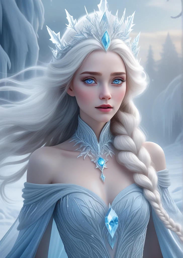a beautiful elegant ice queen with long flowing white hair, piercing blue eyes, wearing a shimmering ice blue gown, standing in a frozen winter landscape with snowfall, magical icy crystals and frost, (best quality,4k,8k,highres,masterpiece:1.2),ultra-detailed,(realistic,photorealistic,photo-realistic:1.37),intricate detailed facial features, extremely detailed face and eyes,porcelain skin, graceful pose, cinematic lighting, dramatic moody lighting, cold atmospheric lighting, mist and fog, glowing ice crystals, fantasy,digital painting,concept art,highly detailed