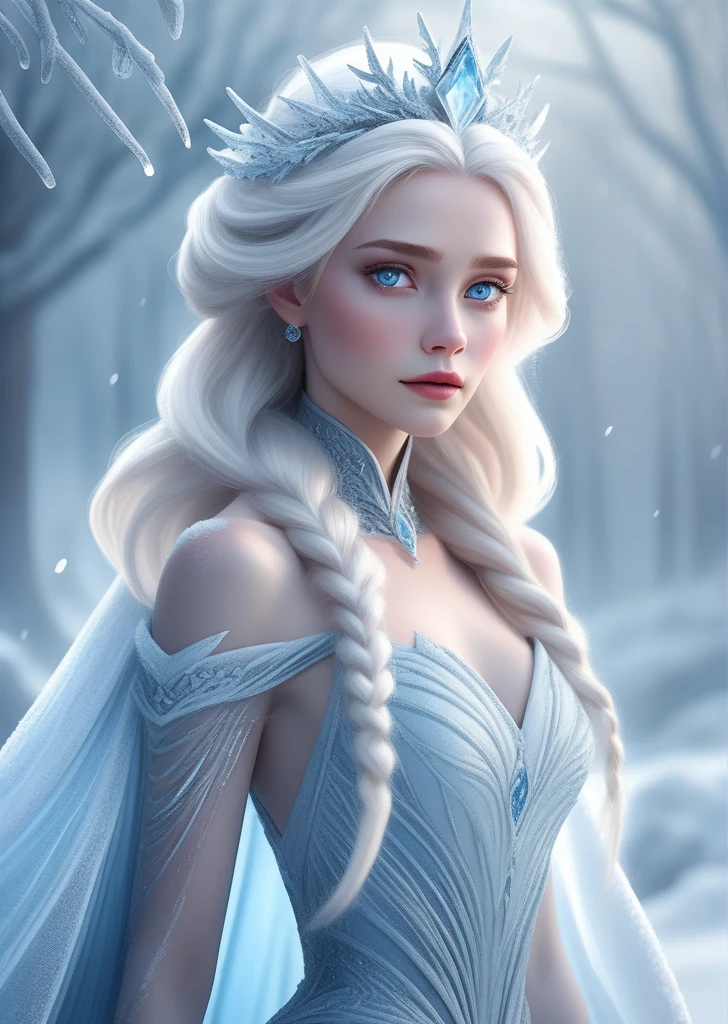 a beautiful elegant ice queen with long flowing white hair, piercing blue eyes, wearing a shimmering ice blue gown, standing in a frozen winter landscape with snowfall, magical icy crystals and frost, (best quality,4k,8k,highres,masterpiece:1.2),ultra-detailed,(realistic,photorealistic,photo-realistic:1.37),intricate detailed facial features, extremely detailed face and eyes,porcelain skin, graceful pose, cinematic lighting, dramatic moody lighting, cold atmospheric lighting, mist and fog, glowing ice crystals, fantasy,digital painting,concept art,highly detailed