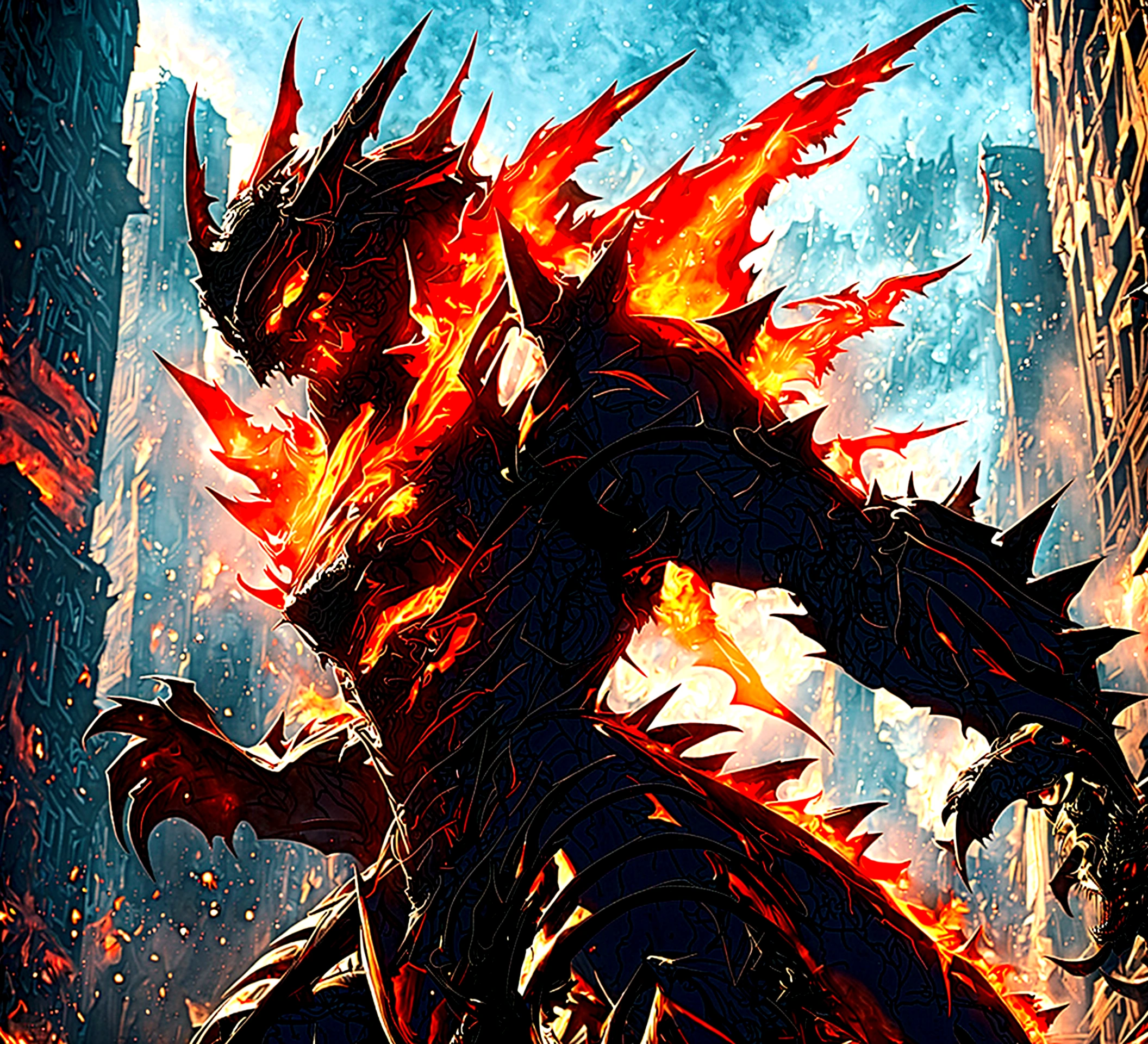 demonic looking demonic looking demon in a city with fire, deathwing, guildwar artwork, alduin, roshan, by Arthur Pan, colossal dragon in background, colossal dragon as background, balrog, guild wars 2, from pacific rim, epic dragon, darksiders style, cg art, ''dragon breathing fire, pacific rim, dragon cyborg