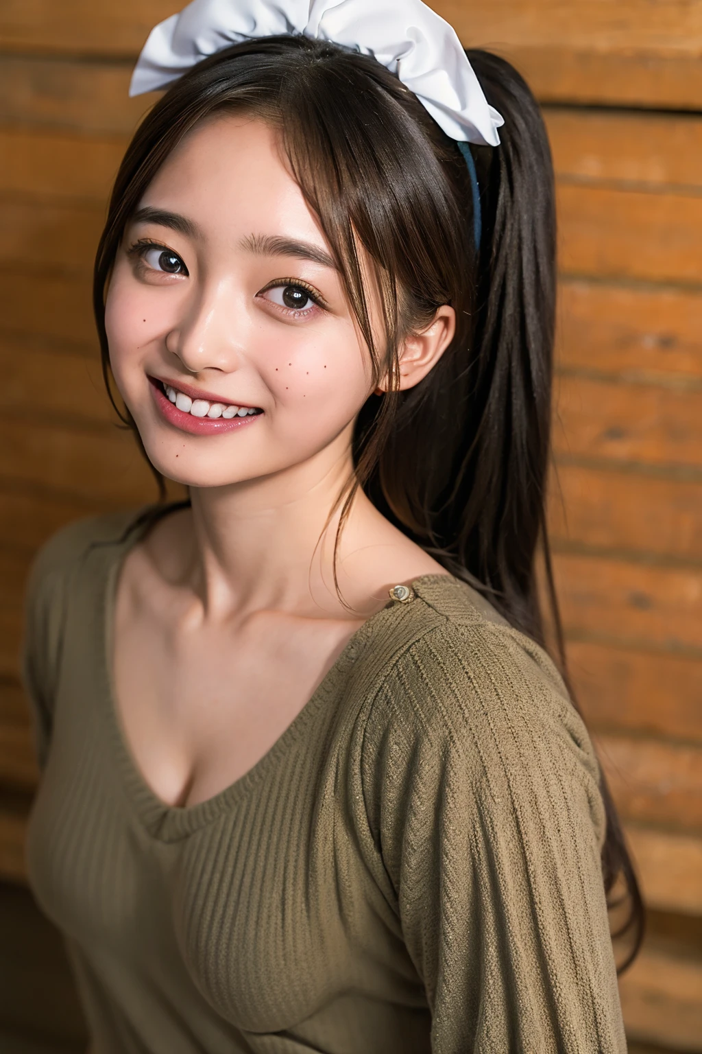 (((upper body shot))),(((sagging breasts))),Ultra-high resolution,big eyes,(brown eyes),Japanese,(forehead),(a girl),(1 girl),((18-year-old)),cute,pretty,((facing at viewer)),grin,(比基尼)