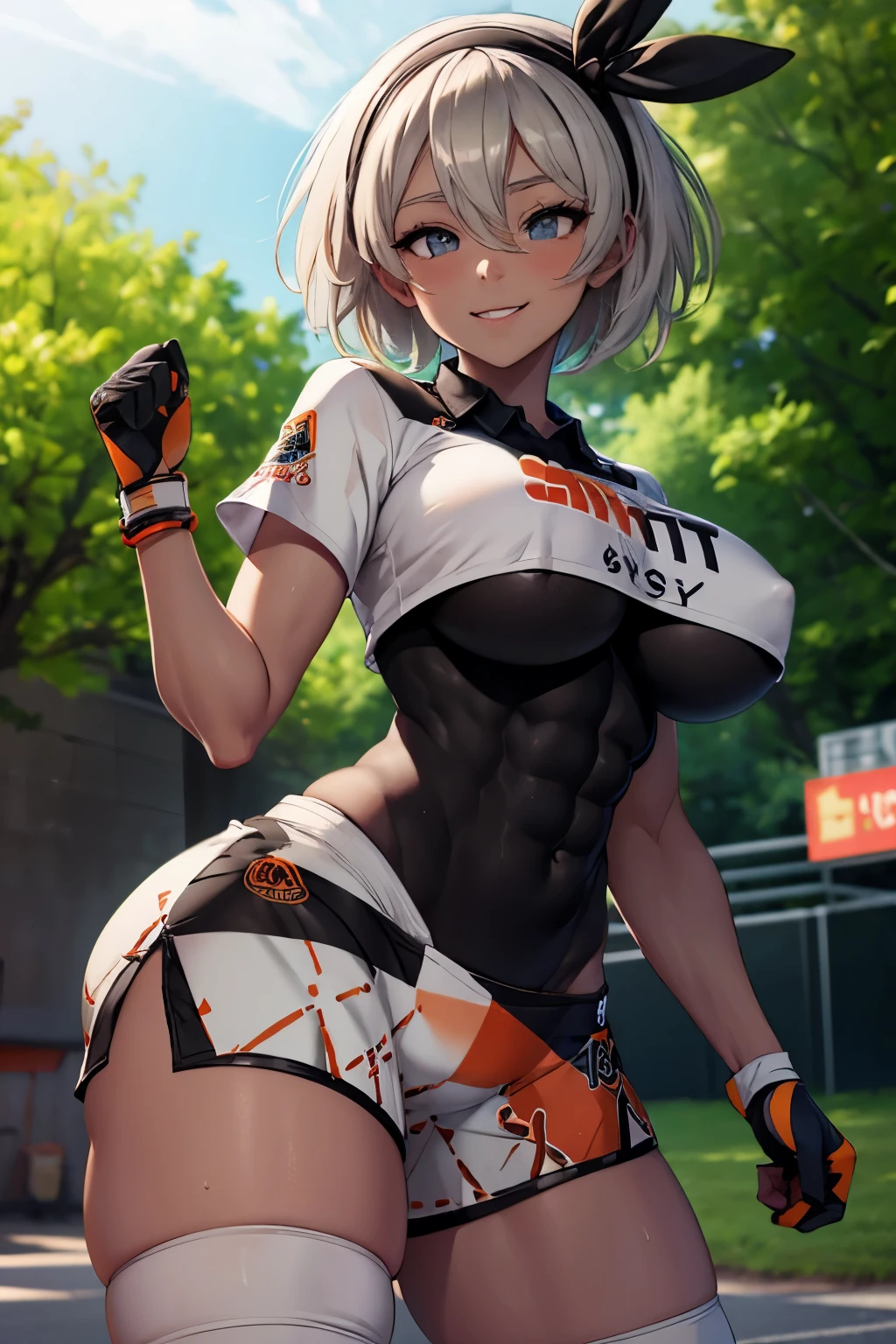 masterpiece,best quality,highres,ultra-detailed,aabea,dark skin,short hair,hair between eyes,bow hairband,black hairband,eyelashes,black bodysuit,bodysuit under clothes,print shirt,(tied shirt),short sleeves,dynamax band,single glove,partially fingerless gloves,covered navel,print shorts,knee pads,outdoors,standing,cowboy shot,smile, abs, large breasts,