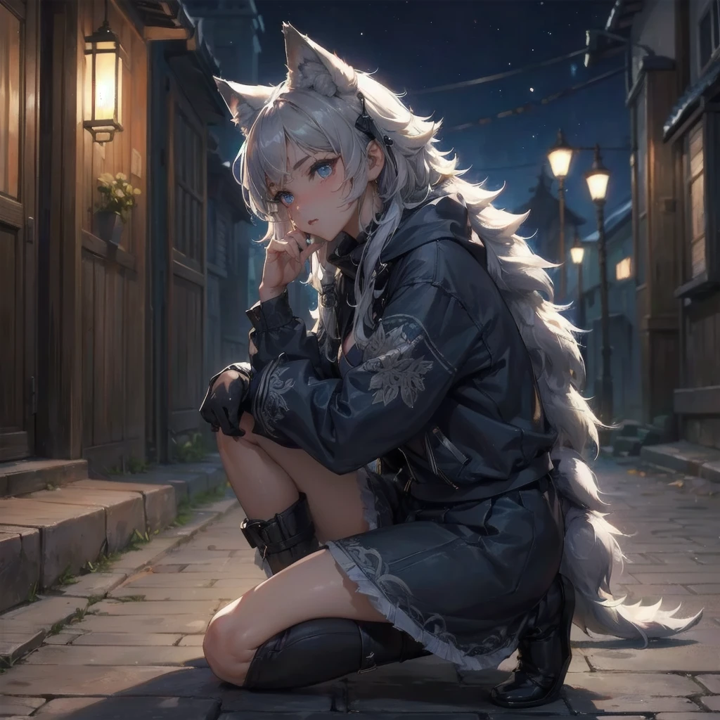 masterpiece, (textured skin), best quality, gorgeous beautiful girl, (a female wolf ears,wolf tail), detailed clothes,large breasts,narrow waist,, (beautiful face), cinematic lighting, (at night ),