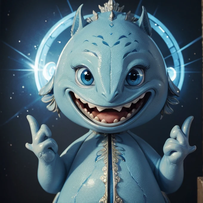 ((Masterpiece)), ((highly detailed)), a creature, small, two eyes, happy mouth, two hands, light blue skin, 