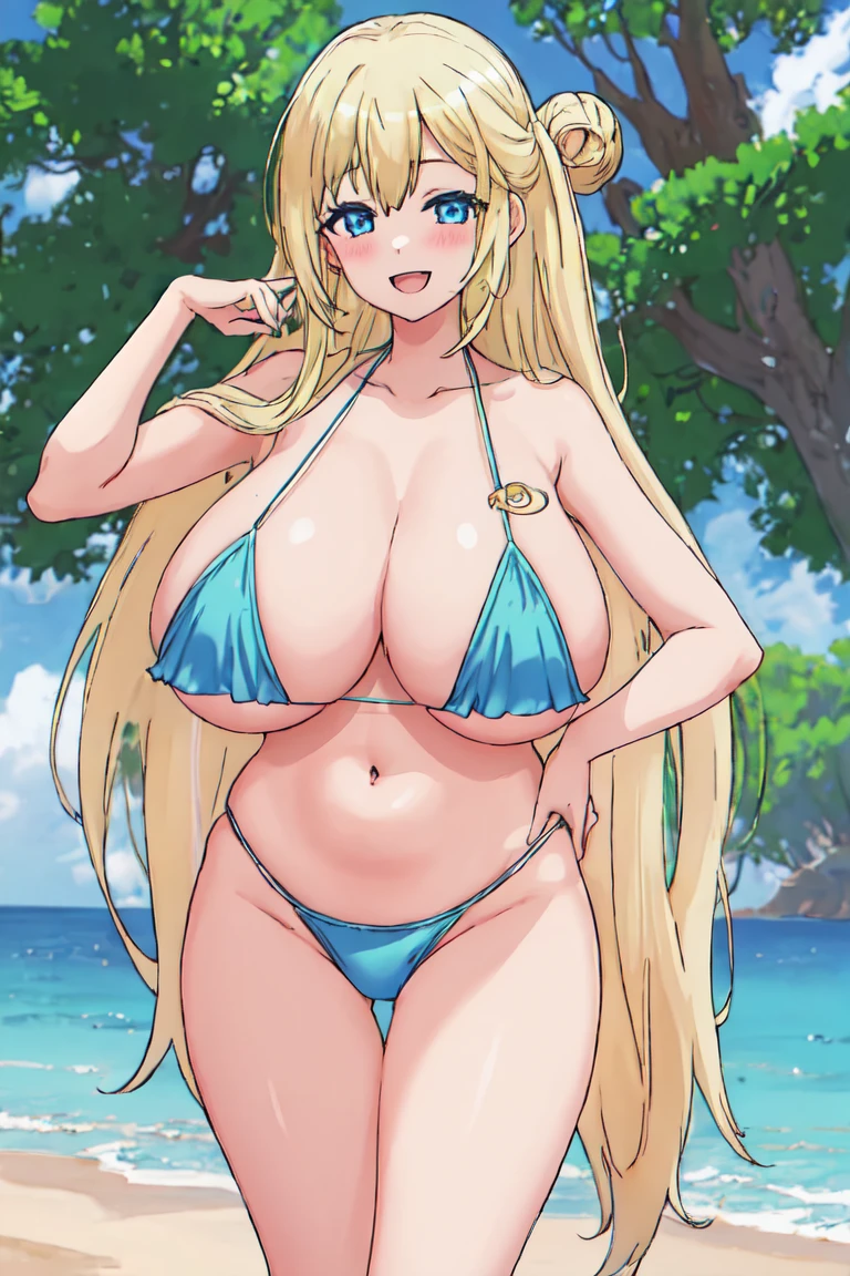 best quality, masterpiece, highres, solo, {enome_futokunoguild:1.15}, blonde_hair, long_hair, blush, blue_eyes, open_mouth, ((beach)),((bikini,)) (nagatiti,gigantic breasts:1.3), 1girl, hair_bun, single_hair_bun, smile, :d, looking_at_viewer, coyboy shot