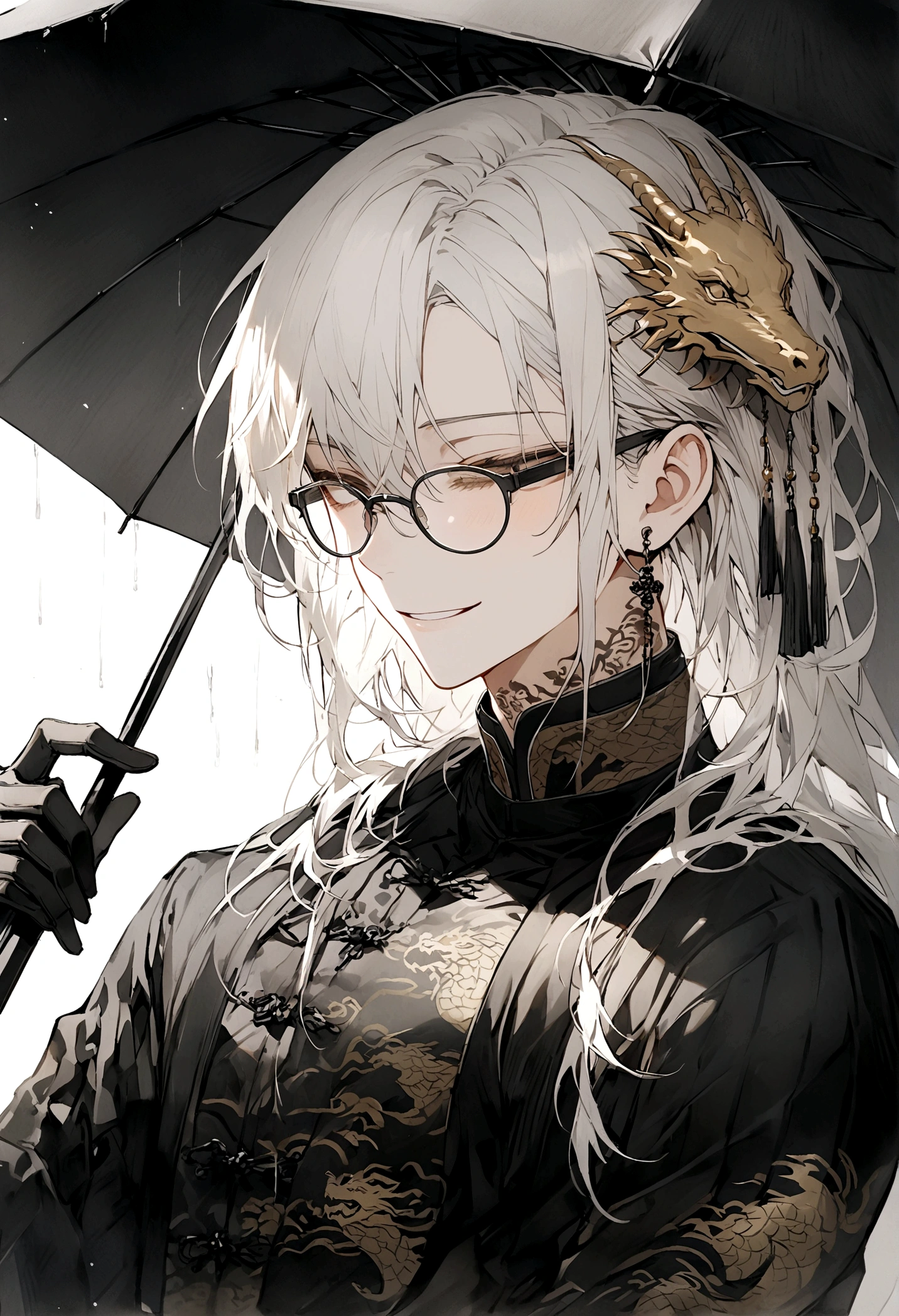 **Long white hair**, always smile and close the eyes,male,slim, black Chinese long clothes with golden dragon patterns, black dragon tattoos on neck, black rimless glasses on head, black gloves,**close the eyes**,alone, black gloves, hold black umbrella, The background have bamboo raining