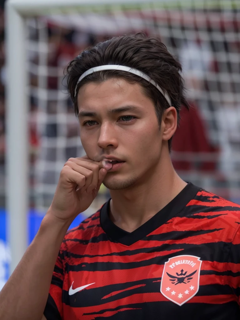 there is a man with a headband on standing in front of a soccer goal, inspired by Jan Asselijn, up close shot shinji aramaki, inspired by Master of the Bambino Vispo, akihiko yoshida 8 k, inspired by Juraj Julije Klović, inspired by Ernő Bánk, in style of kentaro miura